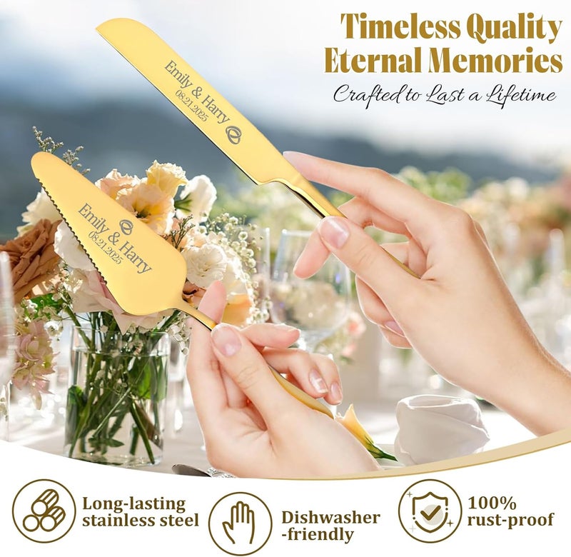 HJX Personalized 4 Piece Cake Cutting Set for Wedding - Custom Cake Knife and Server Set with Forks, Cake Cutter Set Ideal for Wedding Anniversary Bridal Gifts (Gold) - Image 3